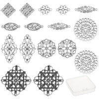 5pc 1 Box 8 Styles Vintage Filigree Joiners Connectors Charms Tibetan Flower Flat Round Oval Rectangle Links Pendants for Women DIY Earrings Necklace Bracelet Making Antique Silver