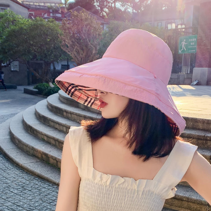 cod-หมวกหมวกกันแดดผู้หญิงสไตล์เกาหลีขายร้อน-หมวกชาวประมงลายตารางสองด้านที่สวยงาม-หมวกกันแดดแฟชั่นสำหรับออกนอกบ้าน
