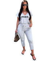 CM.YAYA summer fashion Women overit letter v-neck tee top pencil jogger sweatpants suit two piece set sport matching set outfit