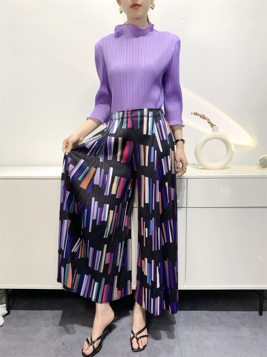 กางเกงอัดพลีทผู้หญิงแถบแนวตั้งพิมพ์กางเกงขากว้างลำลอง-2023-หลวมขนาดใหญ่ผู้หญิง-kk-จีบ