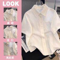 ✶┅ Polo collar short-sleeved shirt for women summer thin loose Japanese style versatile milky white chic design niche