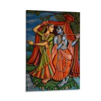 ศิลปะอินเดียโปสเตอร์ภาพเขียนเทพเจ้าฮินดูศรีกฤษณะและ Radha ผ้าใบวาดภาพภาพวาดสีน้ำมันรูปนกยูงผ้าใบวาดภาพและภาพพิมพ์ศิลปะบนผนังสำหรับการตกแต่งห้องรับแขกห้องนอน08X12นิ้ว (20X30ซม.) แบบเฟรม