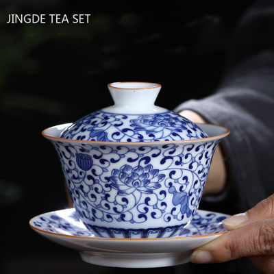 J Ingdezhen เซรามิก Gaiwan ถ้วยน้ำชาที่ทำด้วยมือหม้ออบชาพอร์ซเลนสีฟ้าและสีขาวชามชาพอร์ซเลนจีน T Eaware อุปกรณ์เสริม