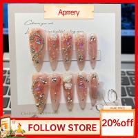 Aprery 10ชิ้น XS S M L Camellia ทำเล็บมือคลุมทั้งหมดกับ Rhinestones บริสุทธิ์เล็บปลอมด้วยมือที่ถอดออกได้ด้วยกล่องเครื่องมือกดบนเล็บผู้หญิง