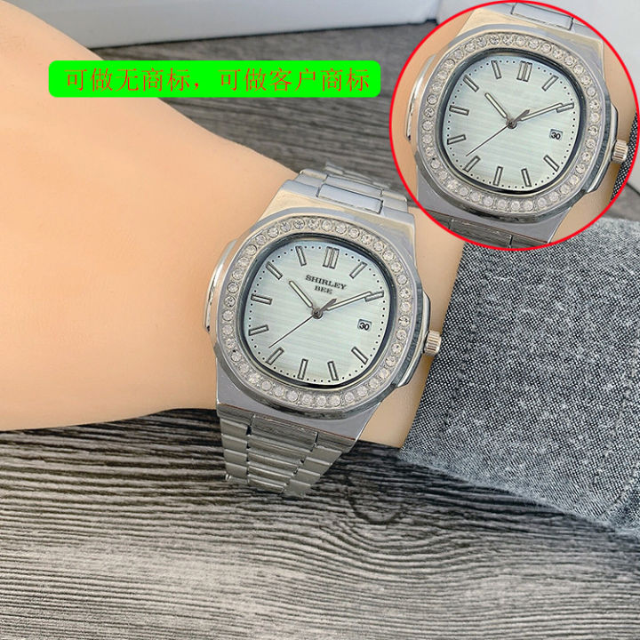 นาฬิกาสายเหล็กของแท้นาฬิกาผู้ชายแบบไม่ใช้กลไกนาฬิกาข้อมือผู้ชายสำหรับนักเรียน-นาฬิกาเพชรผู้หญิงหน้าปัดใหญ่