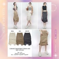 SLYQ CARAMEL DRAWSTRING DENIM MIDI SKIRT กระโปรงยีนส์ดีเทลรูดข้างผ่าหลัง y2k กระโปรงเอวต่ำ