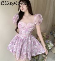 COD DSFGREYTRUYTU New Design Women chic Sweet Purple Floral Print High Waist Slim Chiffon A Line Dress