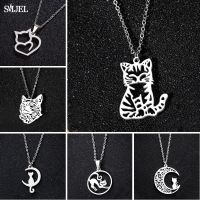 Stainless Steel Cat Necklaces Korean Kitten Jewelry Long Cat Moon Necklaces For Women Wedding Kolye Collares Fashion Chain Necklaces