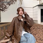 SUPEEON brown leather jacket for women and men autumn new vintage