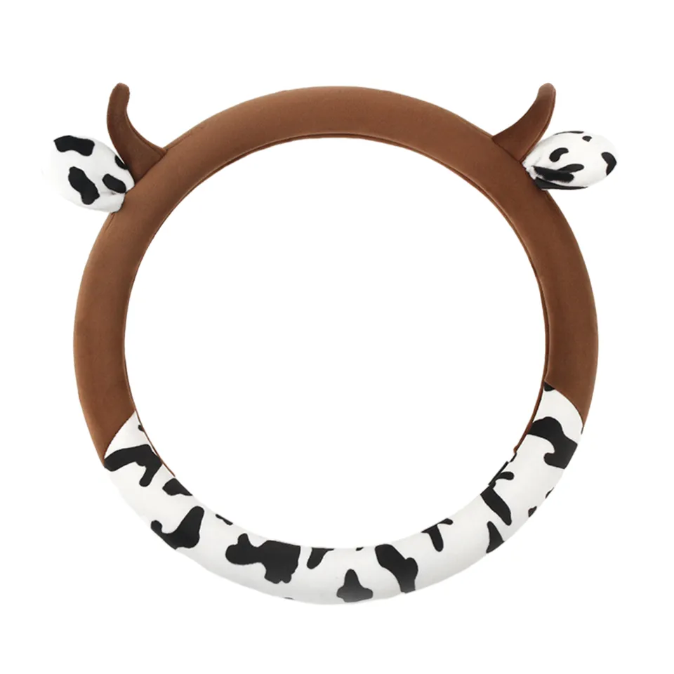Auto Drive Universal Fit Brown Cow Steering Wheel Cover, Set of 1