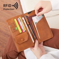 กระเป๋าใส่พาสปอร์ต RFID กระเป๋าสตางค์ผู้ชาย PU หนังผู้หญิงแบบยาวกระเป๋าโทรศัพท์มือถือสำหรับผู้หญิงกระเป๋าซองใส่พาสปอร์ตกระเป๋าสตางค์ใส่บัตรท่องเที่ยวแบบบาง