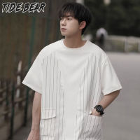 TIDE BEAR เสื้อยืดผู้ชายสไตล์ศิลปะแขนสั้นแบบหลวมคอกลมเสื้อยืดลำลองนักออกแบบ