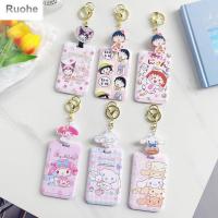 RUOHE เคสใส่บัตรลายบัตรธนบัตรเมโลดี้สำหรับนักเรียนลายโดราเอมอนเครดิตไอดีการ์ดซินนามอน Chibi Maruko สุนัขพวงกุญแจหัวเข็มขัดแบบยืดหดได้