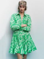 Zaraˉ 4786058 500 autumn new green print shirt collar tie dress 4786079 400