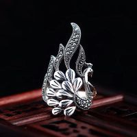 Vintage Black Silver Color Peacock Phoenix Bird Ring for Women Size Adjustable Stainless Steel Ring Boho Style Female Jewelry