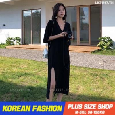 Plus size เสื้อผ้าสาวอวบ❤ เดรสสาวอวบอ้วน ไซส์ใหญ่ ผู้หญิง เดรสเสื้อยืด ทรงหลวม แขนสั้น คอวี แยก สีดำ ฤดูร้อน สไตล์เกาหลีแฟชั่น V728