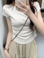 ◄▥✑ Spice Girls Waist and Front Shoulder T-Shirt Womens Blouse Summer Curved Hem Design Squeeze Pure Desire Ins Flower Gray Short Sleeve