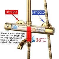 GUANG ZHOU SHI HONG BAOMAO) KEMAIDI ก๊อกน้ำอ่างอาบน้ำ Thermostatic ชุบทองฝนตก3วิธีผสมหัวฝักบัวชุดก๊อกน้ำฝักบัว