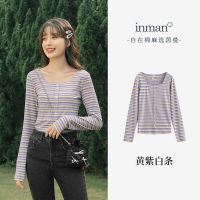 INMAN Autumn Winter Tees Womens Rainbow Stripe Basic T-shirt Slim Versatile Square Collar Long Sleeve Cotton Top