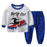 [ในสต็อก] Surfer Cat Homewear ฤดูใบไม้ผลิฤดูใบไม้ร่วง2ชิ้นเด็กชุดนอนแขนยาวชุดผ้าฝ้าย100% เสื้อยืด + กางเกงขาสั้นเด็กชุดนอน2-7Y