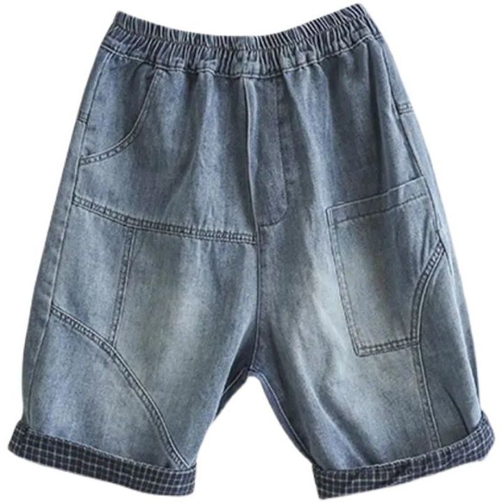 plus-size-m-4xl-womens-elastic-wais-patchwork-summer-shorts-oversized-harem-denim-shorts