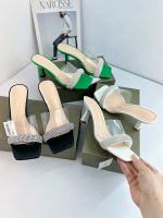 Withdraw expensive foreign trade tail goods White Moonlight transparent PVC rhinestone open-toed sandals square toe high-heeled word sandals and slippers 【QYUE】