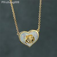 White Simulated Opal Heart Pendant Inlay Rose Flower Necklaces Lovers Jewelry