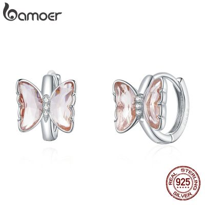 Bamoer ต่างหูเงินตัวล็อกตุ้มหูผีเสื้อสีเงินต่างหูสีสันสดใส100% 925เงินสเตอร์ลิงสำหรับ Sce1105เครื่องประดับผู้หญิง