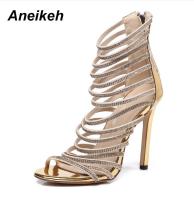 Aneikeh Bling Bling Gold Crystal Sandals Thin Strappy Gladiator Sandal Shoes Stiletto Heel Wedding Pumps Rhinestone Cage Sandal