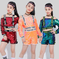 2021 New Jazz Dance Costumes Sequined Shirt Shorts Girls Hip Hop Clothing Cheerleading Dancing Outfit Children Stage Show Wear