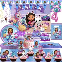 ✜♂ Gabby Dollhouse Suit Girls Birthday Party Number Balloon 1 2 3 Decor Cutlery Set Cups Plates Baby Shower Gifts Doll house Suppli