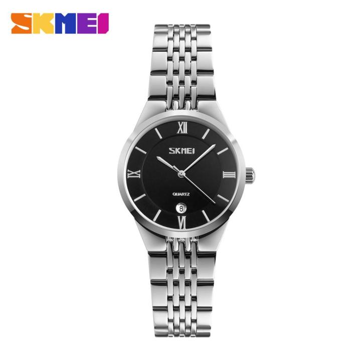 skmei-นาฬิกาแฟชั่นผู้ชายผู้หญิง-นาฬิกาควอตซ์คู่นาฬิกาข้อมือสแตนเลสสตีลกันน้ำใส่สบาย9139-1ชิ้น