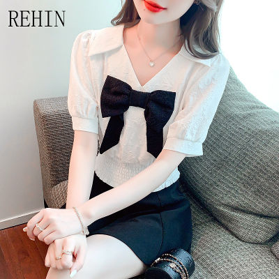 REHIN เสื้อสไตล์เกาหลีแบบใหม่แขนสั้นคอวีแขนพองเอวเล็กหวานติดโบว์ฤดูร้อน