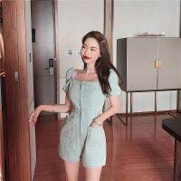 [] Summer Women Square Neck Denim Jumpsuit Women High Waist Slimming Trousers Short Off-Shoulder Shorts Hot Rompers