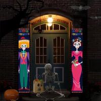 1pair Halloween Couplet Banners For Home Gate Door Hanging Ornaments Props Day Of The Dead Style Skeleton Decoration Accessories