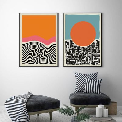 Modern Abstract Mid Century Geometry Line Poster - Orange, Pink, Blue และ Black Canvas Print Painting - Perfect Wall Art For Living Room Decor