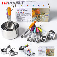 LIZHOUMIL ชุดช้อนตวงถ้วยวัดพร้อมสเกลฉนวนกันความร้อน10ชิ้นกันลื่นเครื่องมือทำขนมอบสแตนเลส