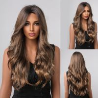 Brown Synthetic Hair Wig Long Wavy Daily Use Wigs for Black Women Heat Resistant Middle Part Hair Body Wave Cosplay Fake Hair