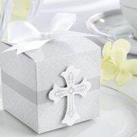 【hot】 first Communion cross candy box Christening baby shower wedding party bomboniere wrap holders with ribbons