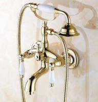 Luxury Golden Brass Double Handles Clawfoot Bathroom Tub Faucet w/ Telephone Style Handshower - Wall Mount atf084