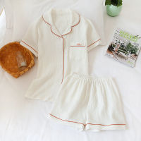 Japanese summer couple pajamas suit cotton crepe ladies solid color simple short-sleeved shirt shorts pajamas mens home service