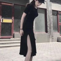 Women Short Sleeve High Waist y Side Slit Bodycon Dress