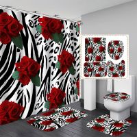 Red Rose Flowers Bathroom Shower Curtain Set Waterproof Polyester Washable Non Slip Bath Mat Rugs Carpet Toilet Cover Decor