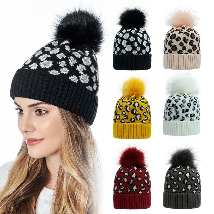 หมวกขนสัตว์รูปวาดเสือดาวแฟชั่นผู้หญิง-หมวกปอมขนสัตว์ปอมหมวกสกีหมวกถักหมวกทรงถั่วฤดูหนาว