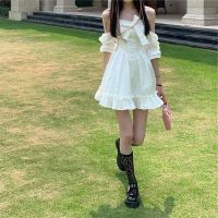 COD IOED95 Korean version of ins French sweet sling dress female high waist was thin and gentle bow strapless ruffle skirt tide