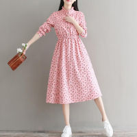 Mori Girl Spring Autumn Women Sweet Dress Stand Collar Cherry Print Pink Femininos Vestidos Full Sleeve Corduroy Elegant Dresses