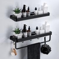 No Drill Black Bathroom Shelf With Towel Bar Wall Shelf Shower Holder Storage Rack Robe Hooks Bathroom Accessories