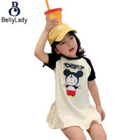 Girls Princess Dress Cartoon Printing A-line Skirt Contrasting Color Ruffled Hem Dress【fast】