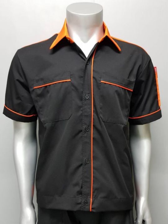 เสื้อช่าง-เสื้อยูนิฟอร์ม-เสื้อพนักงาน-เสื้อเชิ้ตทำงาน-size-l-รอบอก-44-นิ้ว-พื้นดำบ่าส้ม