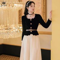 Vintage Elegant Autumn 2 Piece Set Lady Slim O-Neck Black Velvet Top + White Mesh Long Skirt+Belt High-quality court style Suit